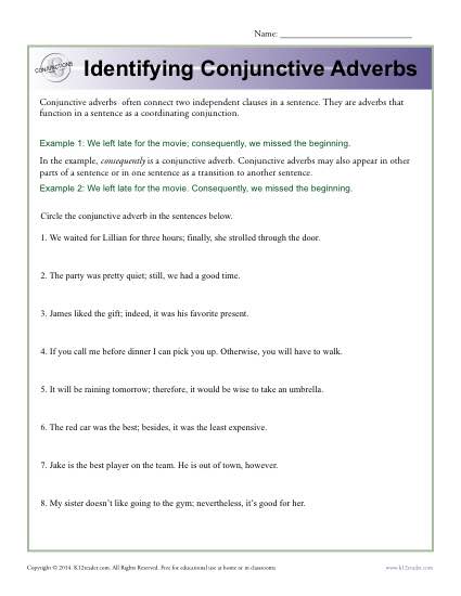 Identifying Conjunctive Adverbs Worksheet