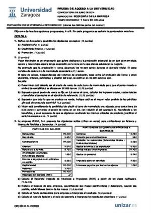 Examen de Selectividad: Economía. Aragón. Convocatoria Junio 2014