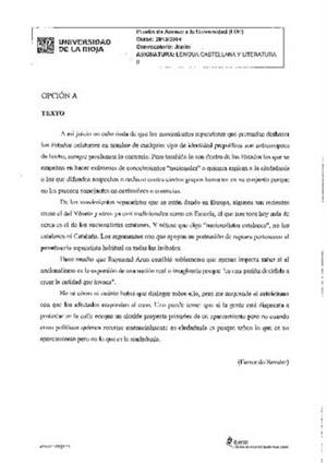 Examen de Selectividad: Lengua castellana y su Literatura. La Rioja. Convocatoria Junio 2014