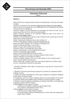 Examen de Selectividad: Literatura universal. Islas Baleares. Convocatoria Junio 2014