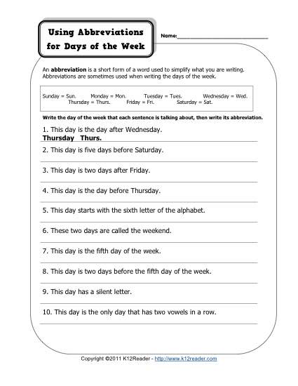 Abbreviation – Days of the Week