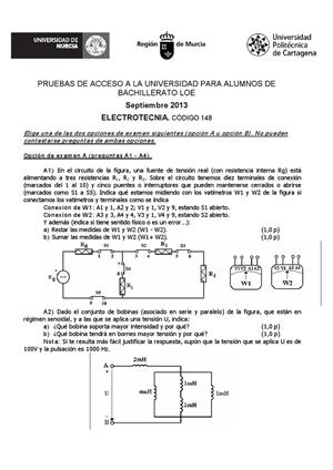 Examen de Selectividad: Electrotecnia. Murcia. Convocatoria Septiembre 2013