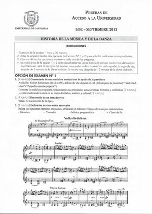 Examen de Selectividad: Historia de la música y la danza. Cantabria. Convocatoria Septiembre 2013