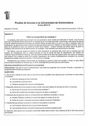 Examen de Selectividad: Francés. Extremadura. Convocatoria Septiembre 2013