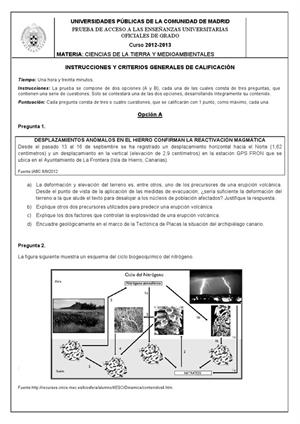 Examen de Selectividad: Ciencias de la Tierra. Madrid. Convocatoria Septiembre 2013