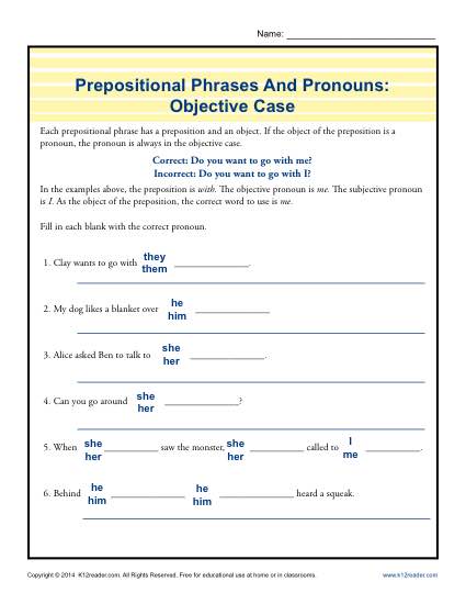 Prepositional Phrases And Pronouns: Objective Case
