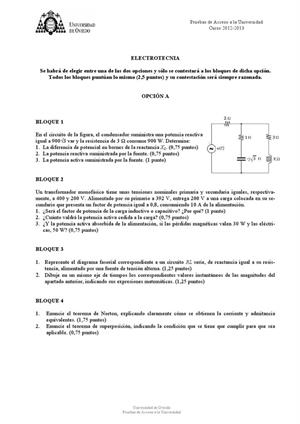 Examen de Selectividad: Electrotecnia. Asturias. Convocatoria Julio 2013