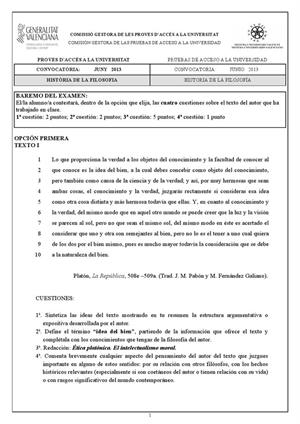 Examen de Selectividad: Historia de la filosofía. Comunidad Valenciana. Convocatoria Junio 2013