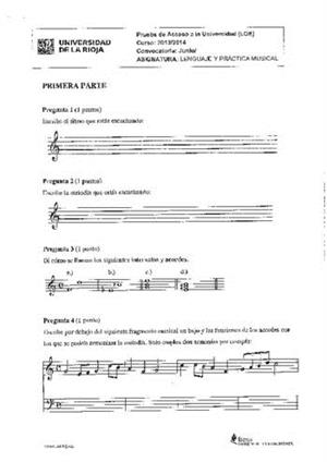 Examen de Selectividad: Lenguaje y práctica musical. La Rioja. Convocatoria Junio 2014