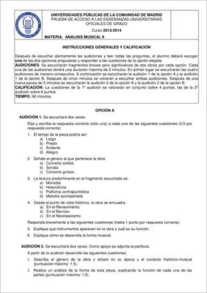 Examen de Selectividad: Análisis musical. Madrid. Convocatoria Junio 2014