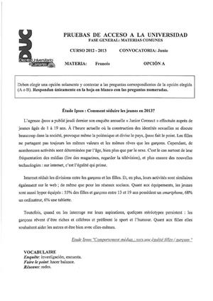 Examen de Selectividad: Francés. Canarias. Convocatoria Junio 2013