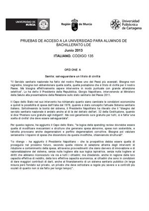 Examen de Selectividad: Italiano. Murcia. Convocatoria Junio 2013
