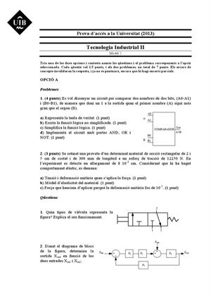 Examen de Selectividad: Tecnología industrial. Islas Baleares. Convocatoria Septiembre 2013
