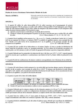 Examen de Selectividad: Química. Castilla-La Mancha. Convocatoria Junio 2013