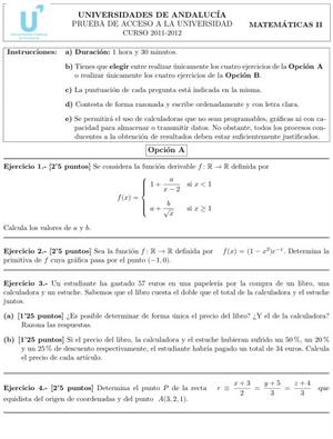 Examen de Selectividad: Matemáticas II 6. Andalucía. Convocatoria Junio 2012