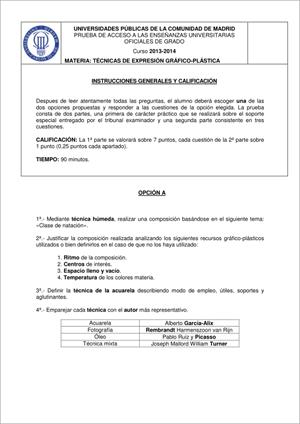 Examen de Selectividad: Técnicas de expresión grafo-plástica. Madrid. Convocatoria Junio 2014
