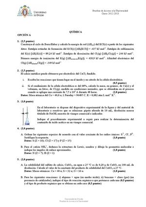 Examen de Selectividad: Química. Asturias. Convocatoria Julio 2013