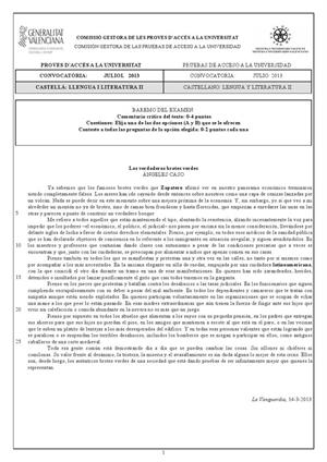 Examen de Selectividad: Lengua castellana y su literatura. Comunidad Valenciana. Convocatoria Julio 2013