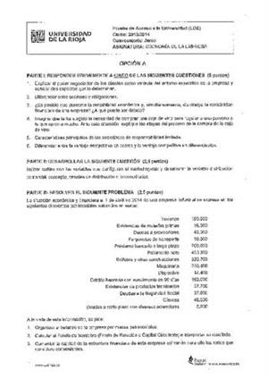 Examen de Selectividad: Economía. La Rioja. Convocatoria Junio 2014