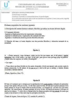 Examen de Selectividad: Historia de la Filosofía 2. Andalucía. Convocatoria Junio 2012