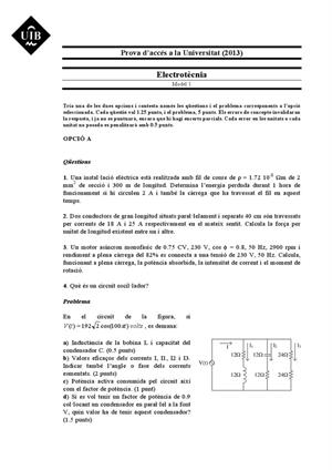 Examen de Selectividad: Electrotecnia. Islas Baleares. Convocatoria Junio 2013