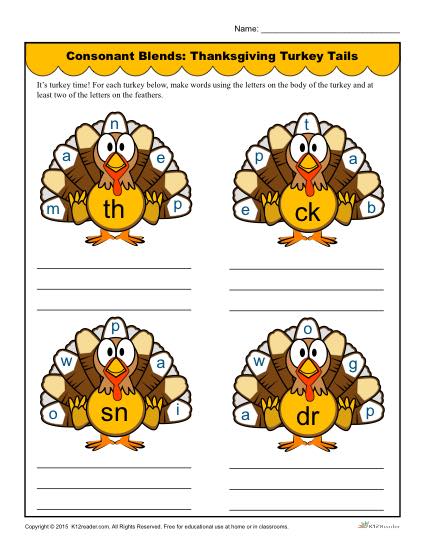 Consonant Blends: Thanksgiving Turkey Tails