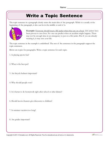 writing a topic sentence 1st grade