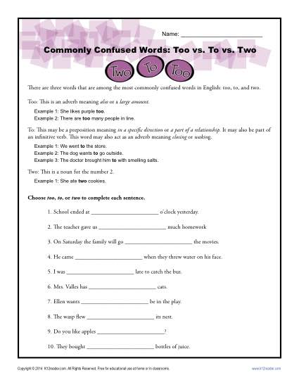 Too vs. To vs. Two – Commonly Confused Words Worksheet
