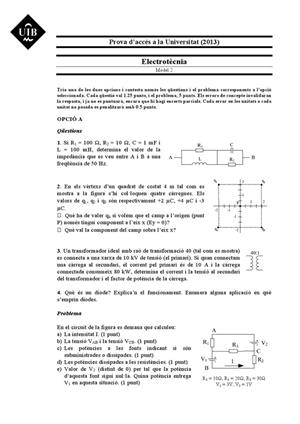 Examen de Selectividad: Electrotecnia. Islas Baleares. Convocatoria Septiembre 2013