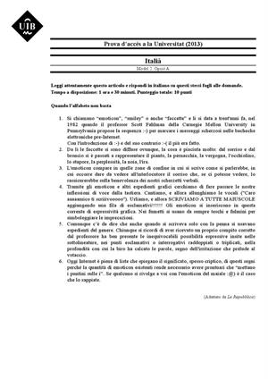 Examen de Selectividad: Italiano. Islas Baleares. Convocatoria Septiembre 2013