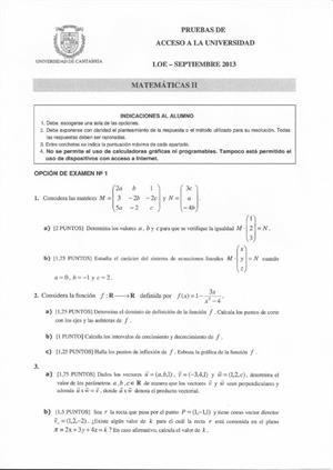 Examen de Selectividad: Matemáticas II. Cantabria. Convocatoria Septiembre 2013