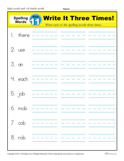 First Grade Spelling Words List – Week 11 (List A-11)