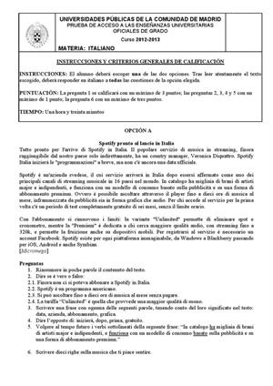 Examen de Selectividad: Italiano. Madrid. Convocatoria Septiembre 2013