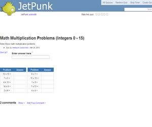 Math Multiplication Problems (Integers 0 - 15)