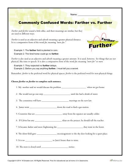 Commonly Confused Words Worksheet: Farther vs. Further