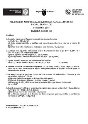 Examen de Selectividad: Química. Murcia. Convocatoria Septiembre 2013