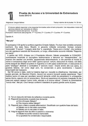 Examen de Selectividad: Italiano. Extremadura. Convocatoria Junio 2013