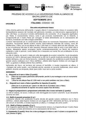 Examen de Selectividad: Italiano. Murcia. Convocatoria Septiembre 2013