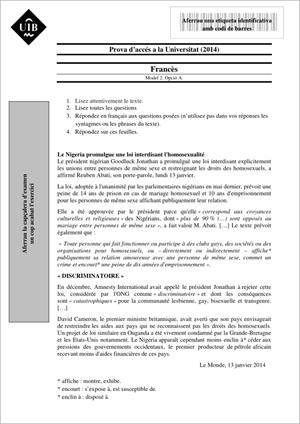 Examen de Selectividad: Francés. Islas Baleares. Convocatoria Junio 2014