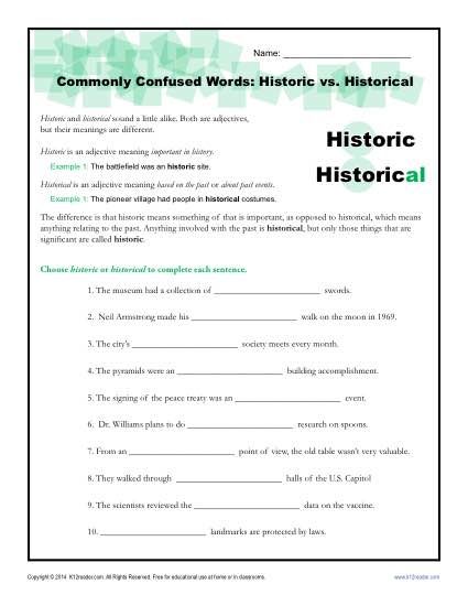 Commonly Confused Words Worksheet: Historic vs Historical