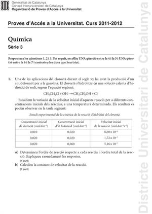 Examen de Selectividad: Química. Cataluña. Convocatoria Junio 2012