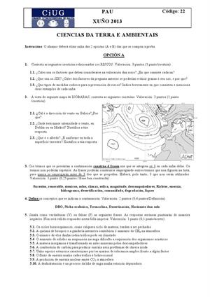 Examen de Selectividad: Ciencias de la Tierra. Galicia. Convocatoria Junio 2013