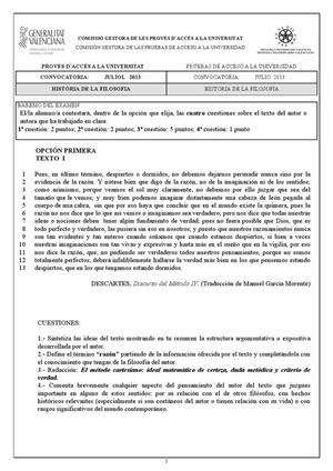 Examen de Selectividad: Historia de la filosofía. Comunidad Valenciana. Convocatoria Julio 2013