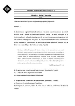 Examen de Selectividad: Historia de la filosofía. Islas Baleares. Convocatoria Septiembre 2013