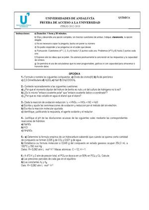 Examen de Selectividad: Química. Andalucía. Convocatoria Septiembre 2013