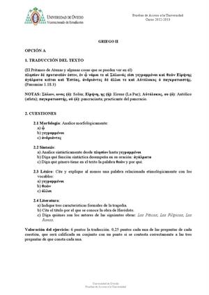 Examen de Selectividad: Griego. Asturias. Convocatoria Junio 2013