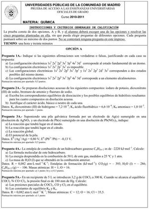 Examen de Selectividad: Química. Comunidad de Madrid. Convocatoria Junio 2011