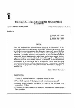 Examen de Selectividad: Historia de la filosofía. Extremadura. Convocatoria Junio 2013