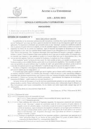 Examen de Selectividad: Lengua castellana y su Literatura. Cantabria. Convocatoria Junio 2013