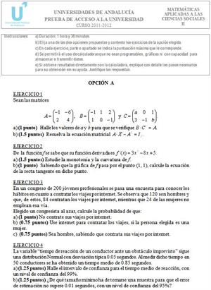 Examen de Selectividad: Matemáticas aplicadas 1. Andalucía. Convocatoria Junio 2012